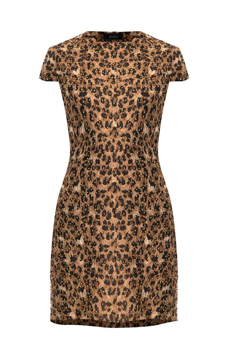 IVONNE Short Beaded Cap Sleeve Dress with Round Neck, Alternate, color, Brown