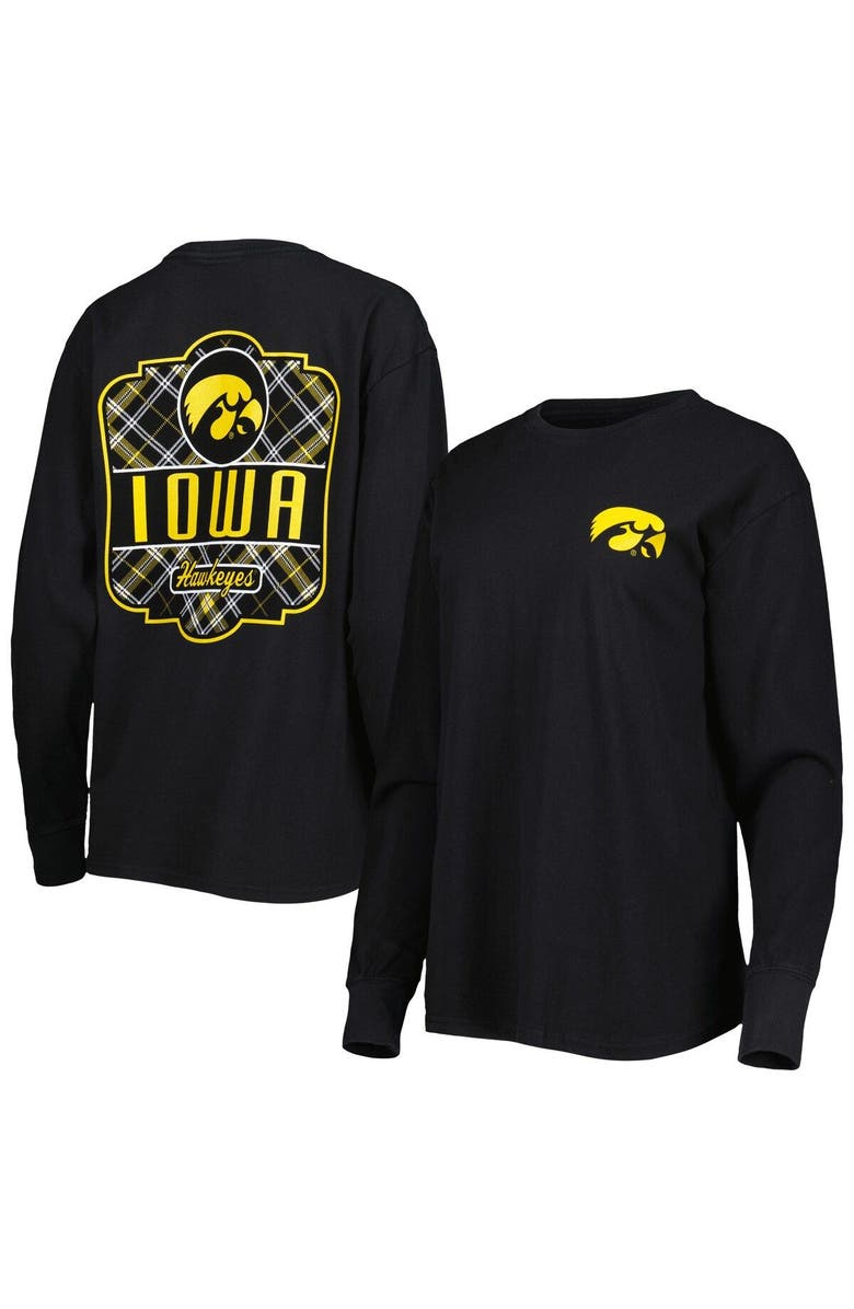 PRESSBOX Women's Pressbox Black Iowa Hawkeyes Valencia Plaid 2-Hit Long Sleeve T-Shirt, Main, color,