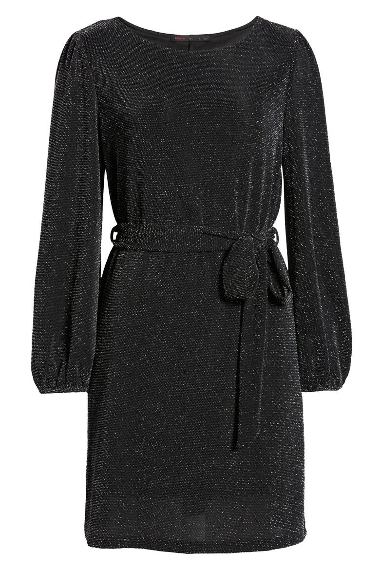 Metallic Long Sleeve Tie Waist Dress, Alternate, color, BLACK