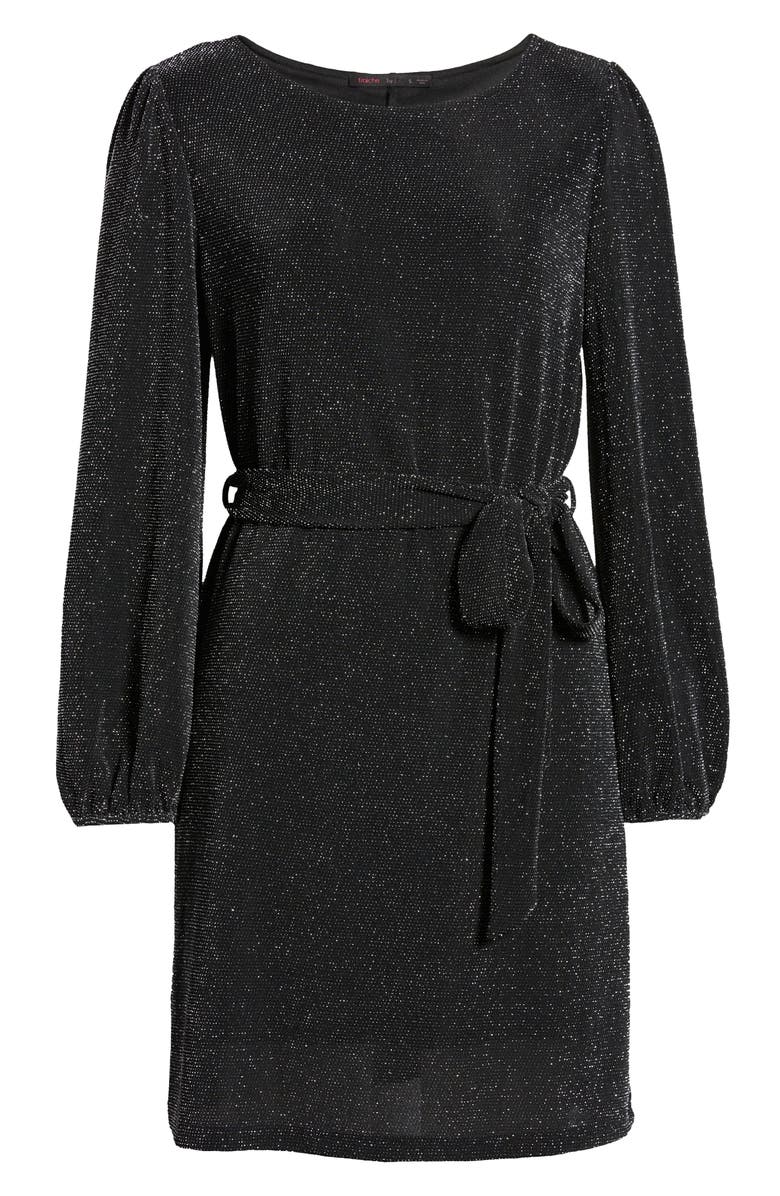Fraiche by J Metallic Long Sleeve Tie Waist Dress, Alternate, color, Black