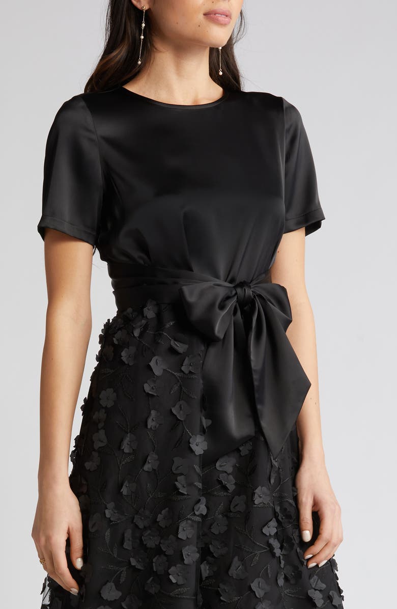 Anne Klein Floral Appliqué Tie Waist Satin Midi Dress, Alternate, color, 