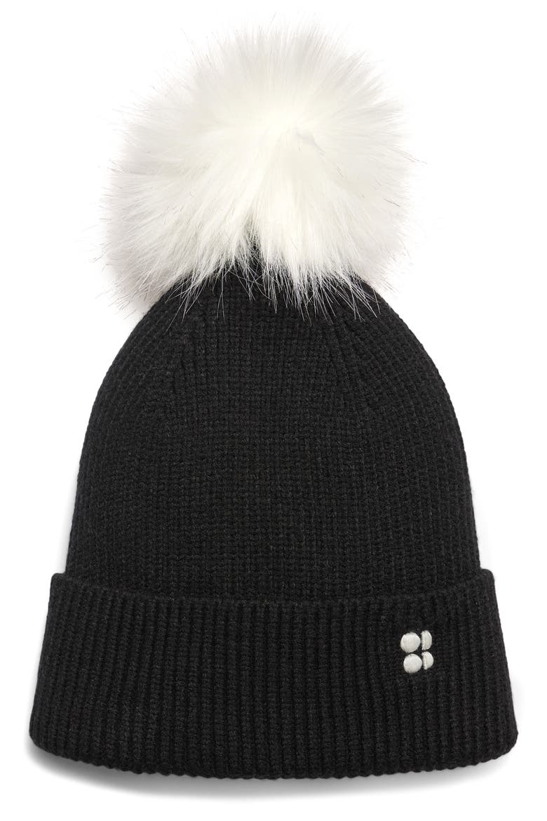 Rib Beanie with Faux Fur Pompom, Main, color, BLACK