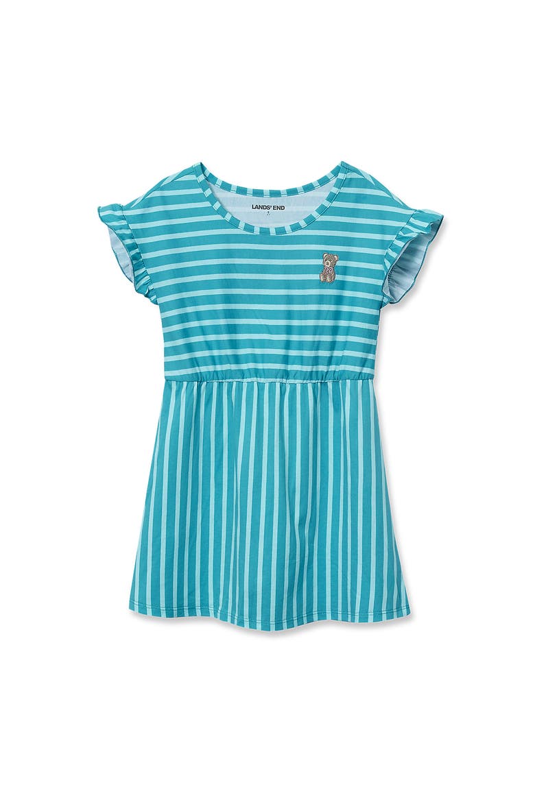 Girls Short Sleeve Gathered Waist Tunic Top, Main, color, Teal Stripe Teddy Bear