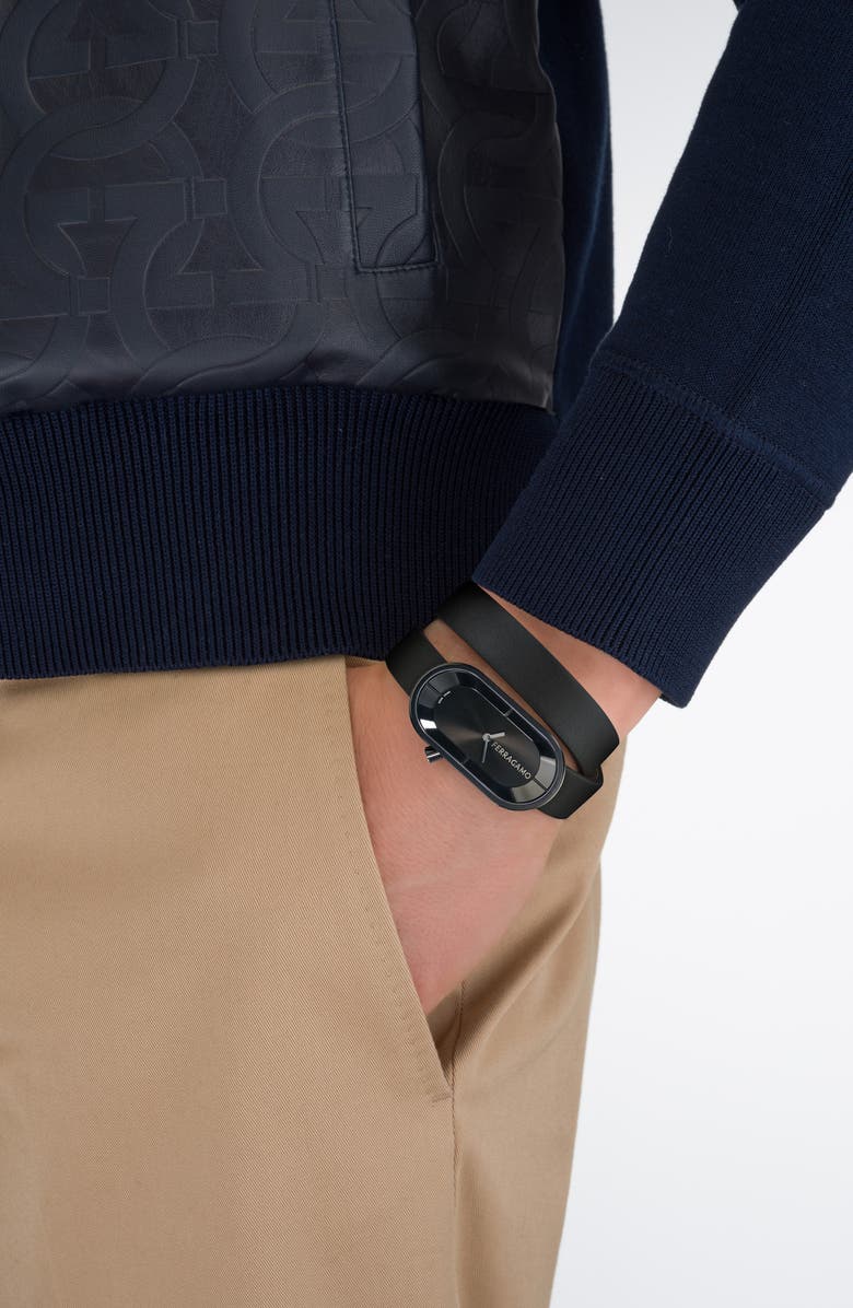 FERRAGAMO Curve Leather Strap Watch, 23mm x 46mm, Alternate, color, Ip Black