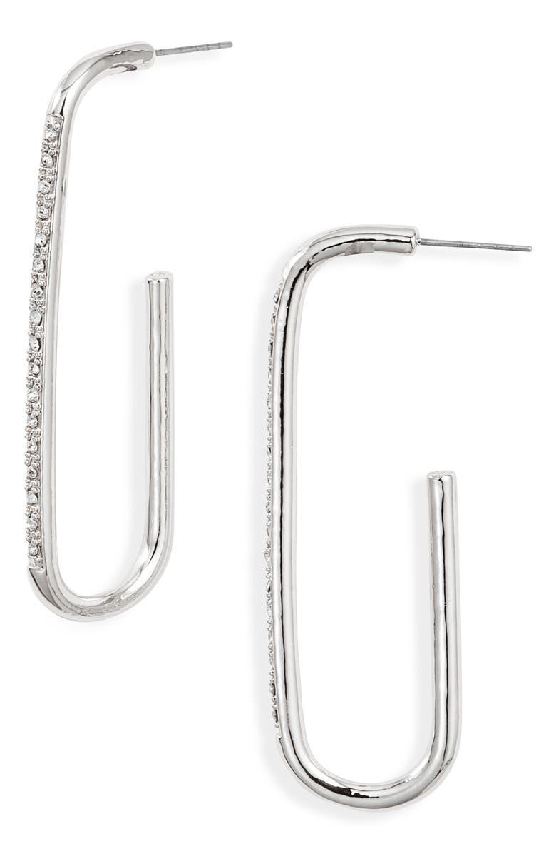 Open Edit Pavé Elongated Hoop Earrings, Main, color, Clear- Silver