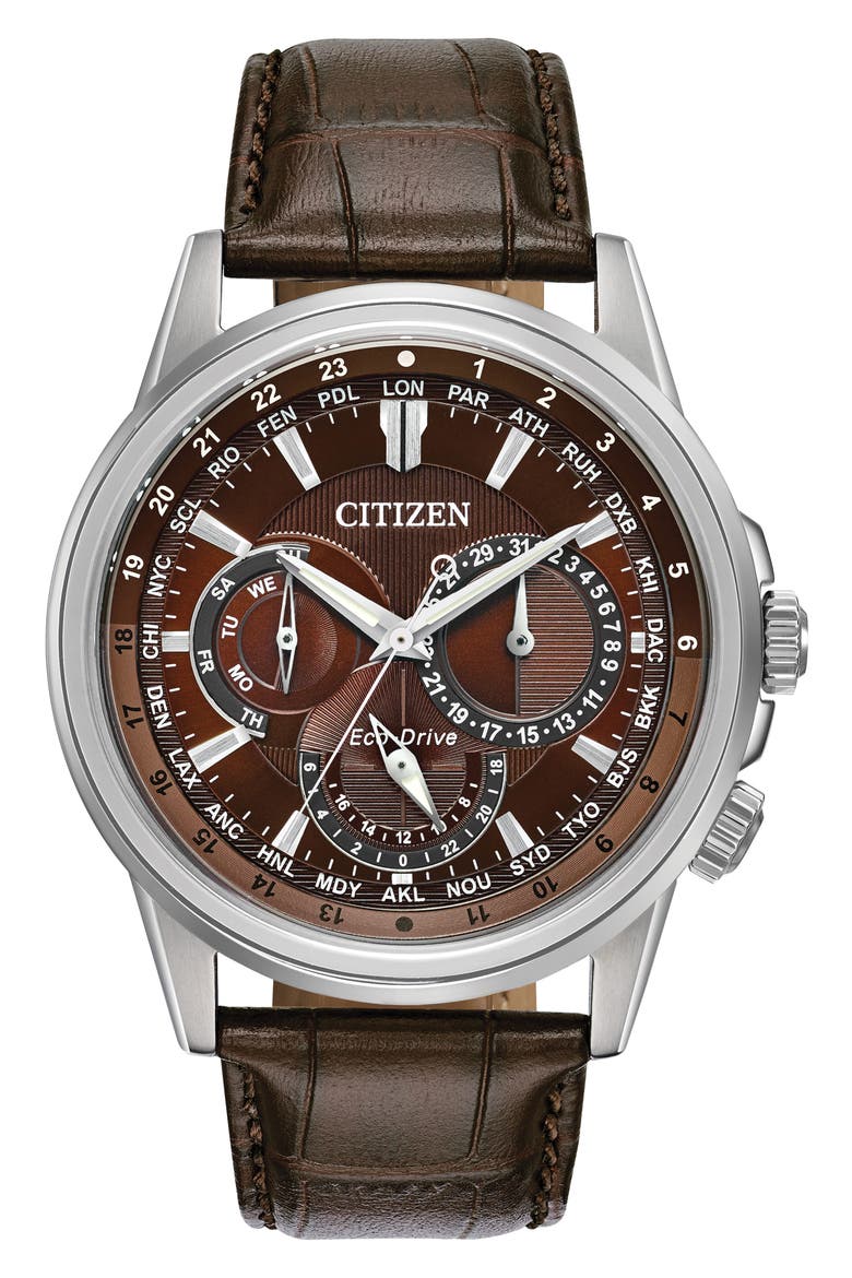 Calendrier Leather Strap Watch, 44mm, Main, color, BROWN
