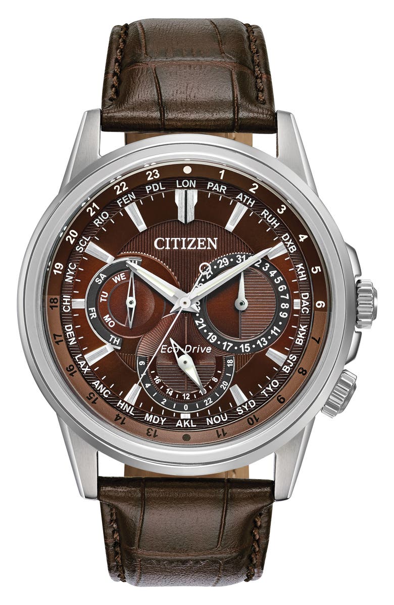 Citizen Calendrier Leather Strap Watch, 44mm, Main, color, Brown