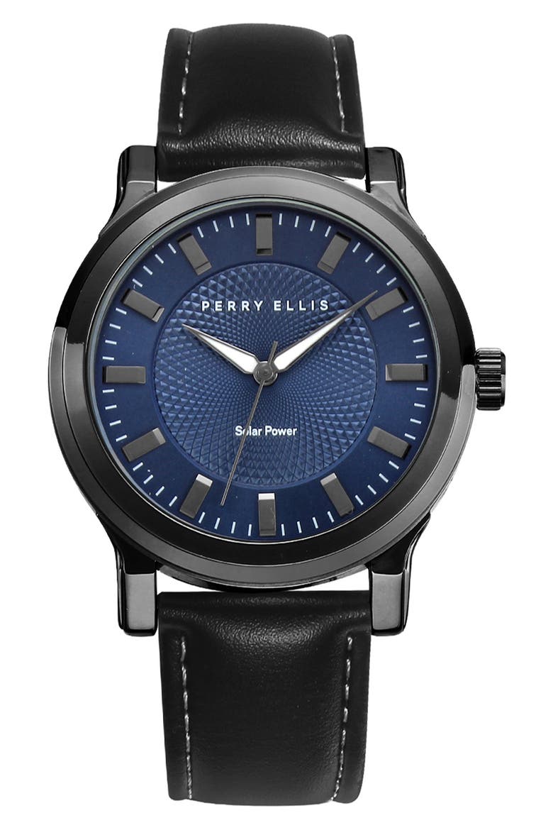 Solar Faux Leather Strap Watch, Main, color, GUNMETAL/ BLUE