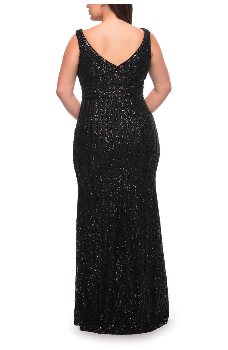 La Femme Long Sequin Plus Size Dress with Banded Waist, Alternate, color, Black