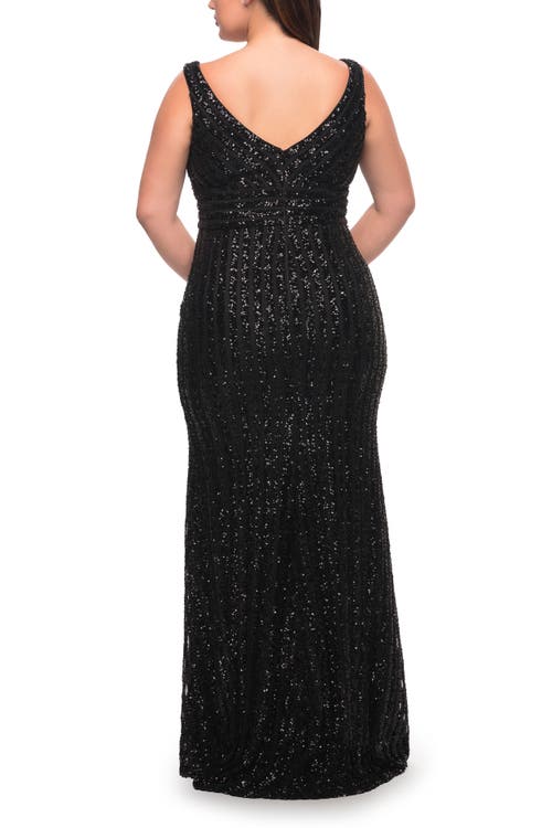 La Femme Long Sequin Plus Size Dress With Banded Waist
