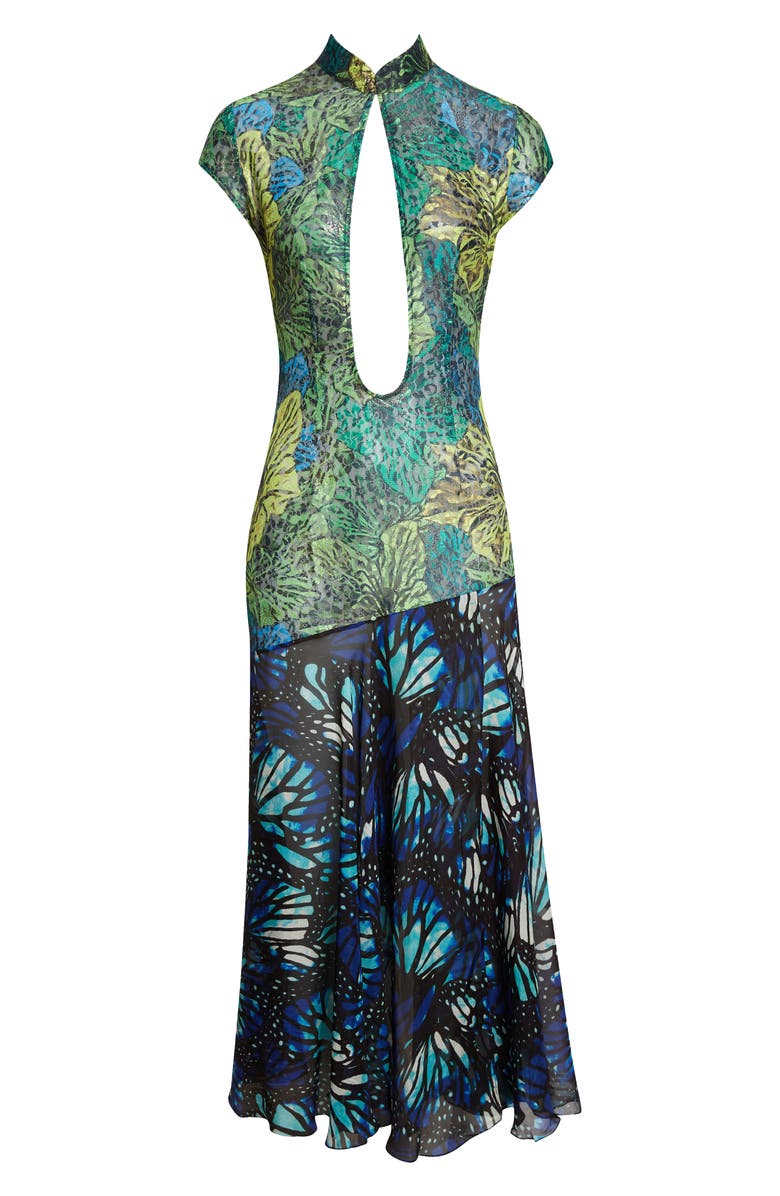 KIM SHUI Butterfly Print Lace & Silk Chiffon Plunge Neck Dress, Main, color, Green