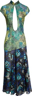 KIM SHUI Butterfly Print Lace & Silk Chiffon Plunge Neck Dress