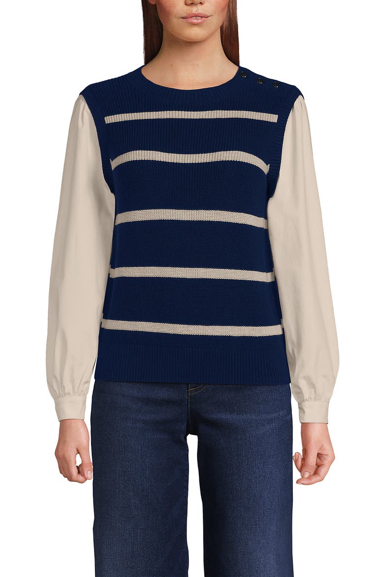 Drifter Shaker Button Shoulder Sweater Vest with Poplin Sleeves, Alternate, color, Deep Sea Navy/Champagne Stripe