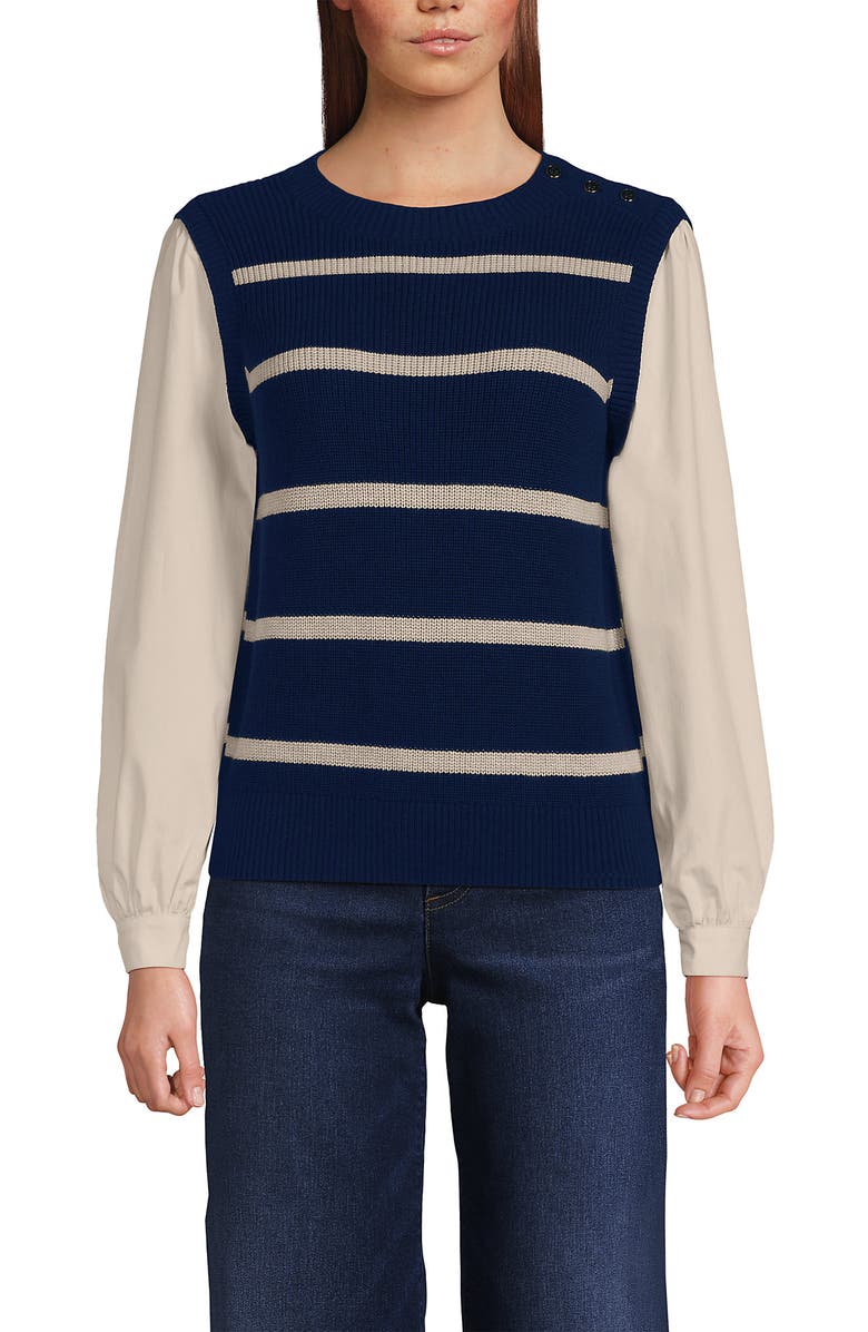 Lands' End Drifter Shaker Button Shoulder Sweater Vest with Poplin Sleeves, Alternate, color, Deep Sea Navy/Champagne Stripe