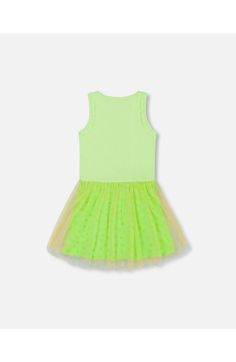 Deux par Deux Girl's Shiny Ribbed Dress With Mesh Flocking Flowers Lime, Alternate, color,