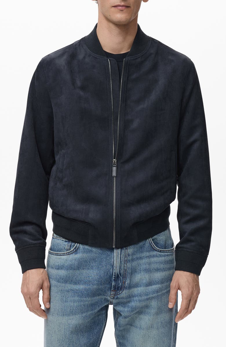 MANGO Faux Suede Bomber Jacket, Main, color, Night Blue