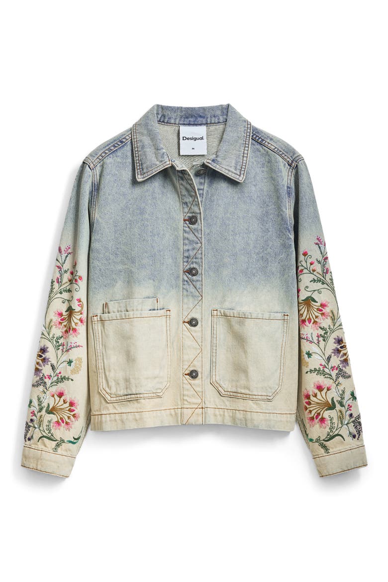 Floral Embroidery Ombré Denim Jacket, Alternate, color, LIGHT BLUE