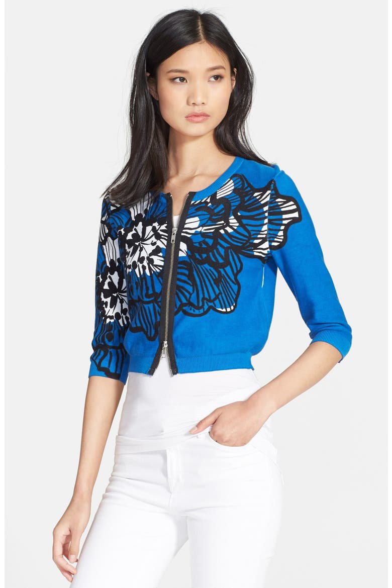 Print Front Zip Cardigan, Main, color, DELPHINIUM SCARF FLORAL