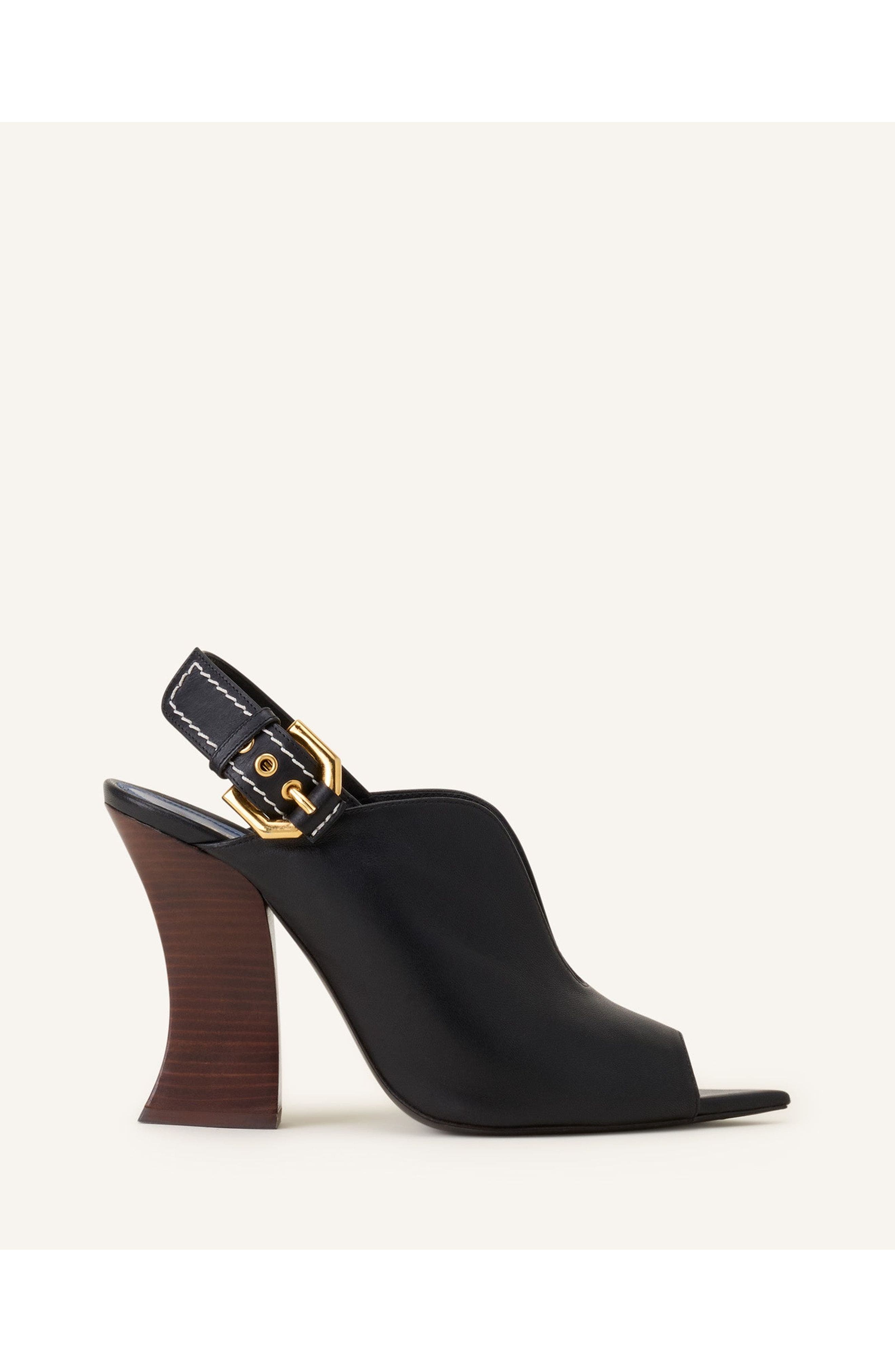 Lanvin Buckle Arch Heeled Leather Mules, Main, color, Black