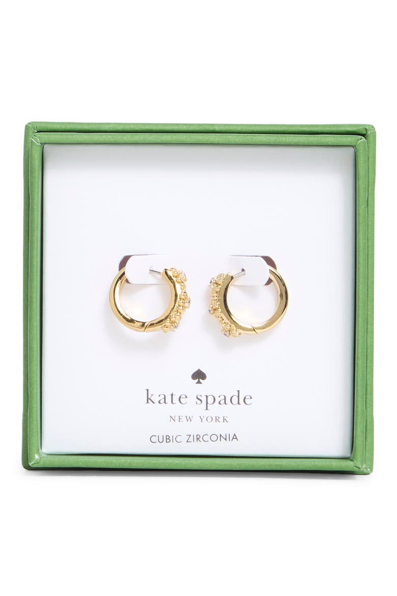 flower cubic zirconia huggie hoop earrings, Main, color, CLEAR / GOLD