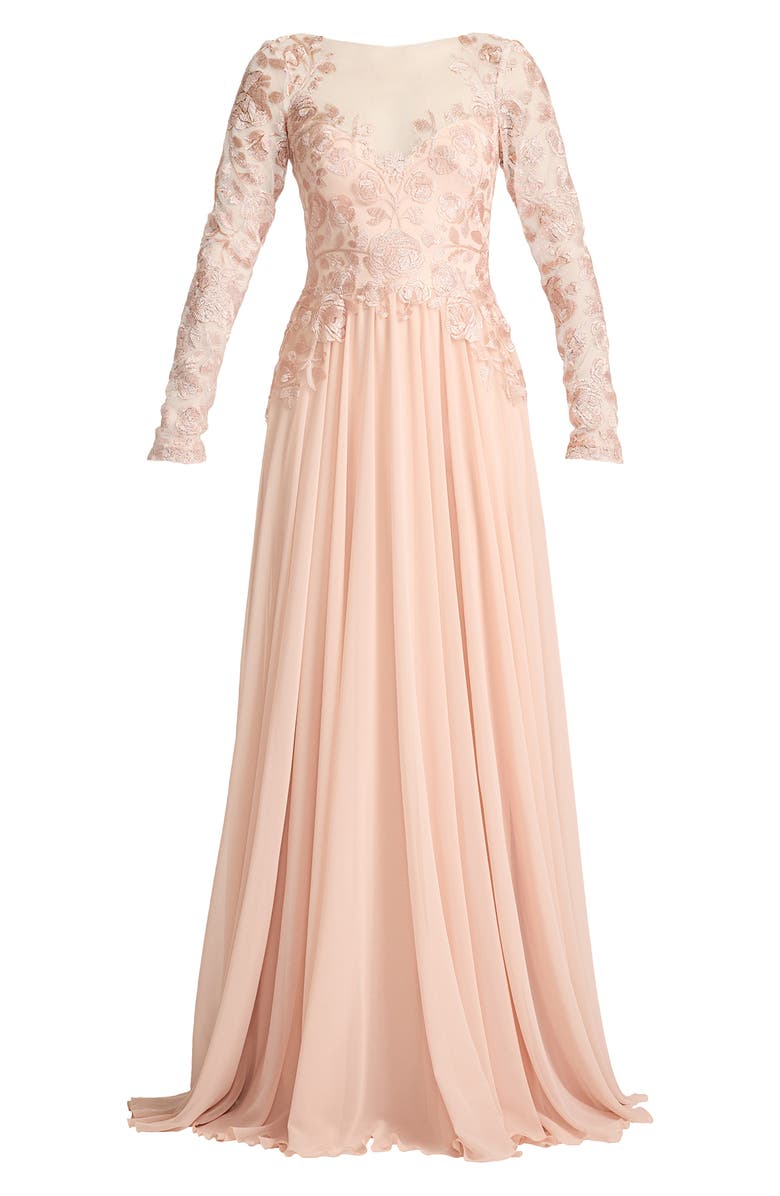 Tadashi Shoji Illusion Lace Embroidered Sleeve Gown, Alternate, color, Pale Pink