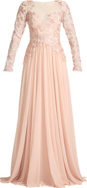 Tadashi Shoji Illusion Lace Embroidered Sleeve Gown
