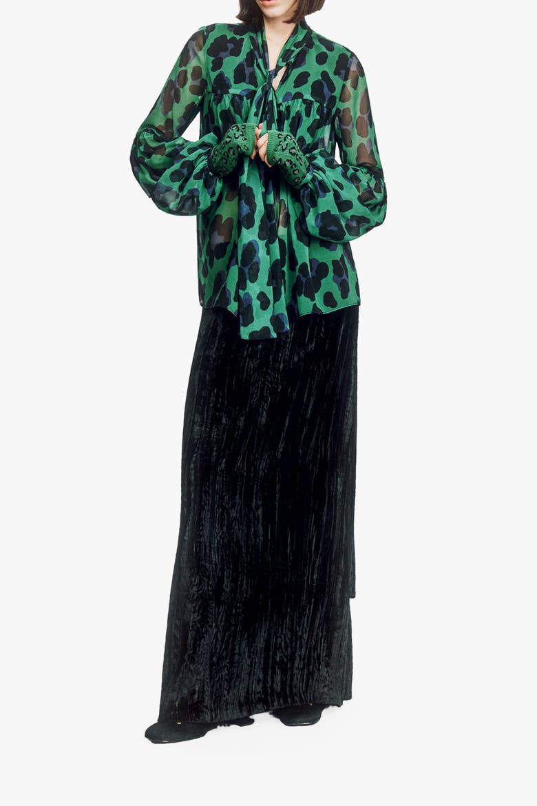 Jewel Jaguar Chiffon Tie Blouse, Alternate, color, JADE