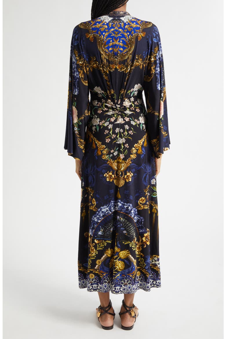 Beaded Print Long Sleeve Ruched Silk Midi Dress, Alternate, color, NOTES FROM THE BLUE ROOM
