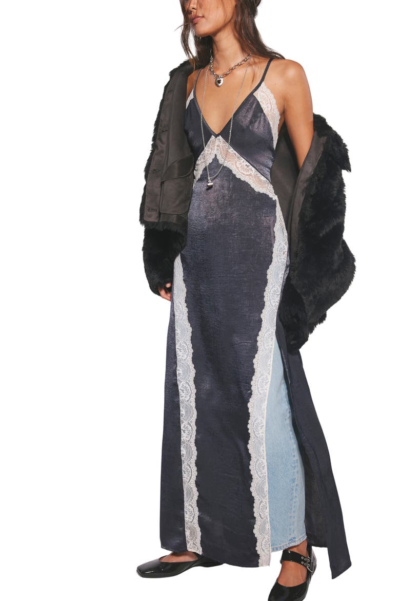 Some Kind of Love Lace Trim Open Back Nightgown, Alternate, color, BLACK COMBO
