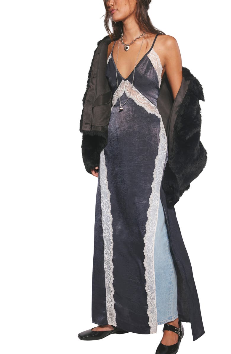 Free People Some Kind of Love Lace Trim Open Back Nightgown, Alternate, color, Black Combo