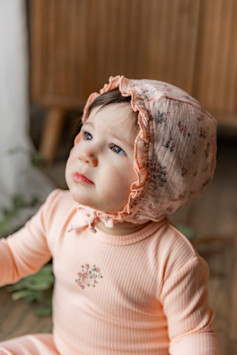 Pointelle Rib Romper and Floral Gauze Bonnet Set, Alternate, color, Pink
