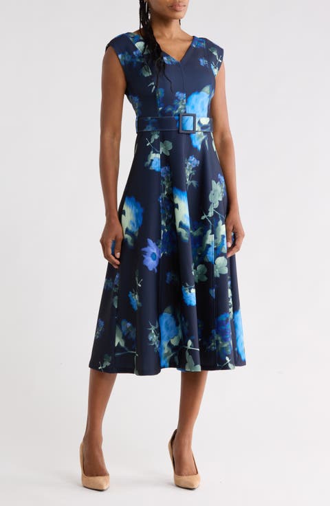 Floral Cap Sleeve Belted A-Line Dress