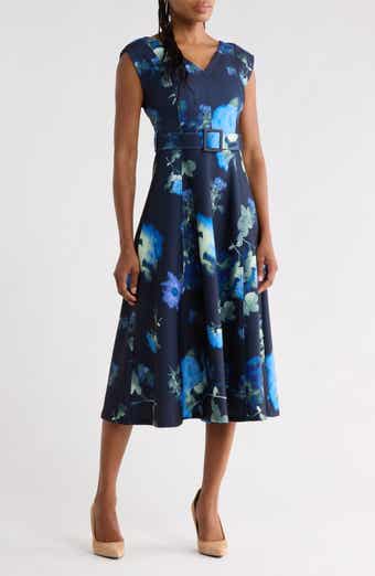 Floral Cap Sleeve Belted A-Line Dress