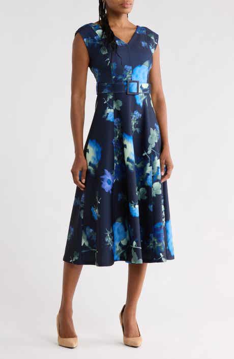 Floral Cap Sleeve Belted A-Line Dress