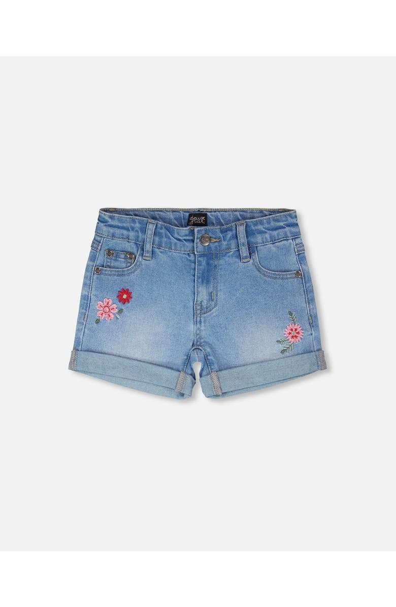 Deux par Deux Embroidery Floral Denim Shorts, Main, color, Light Blue Denim
