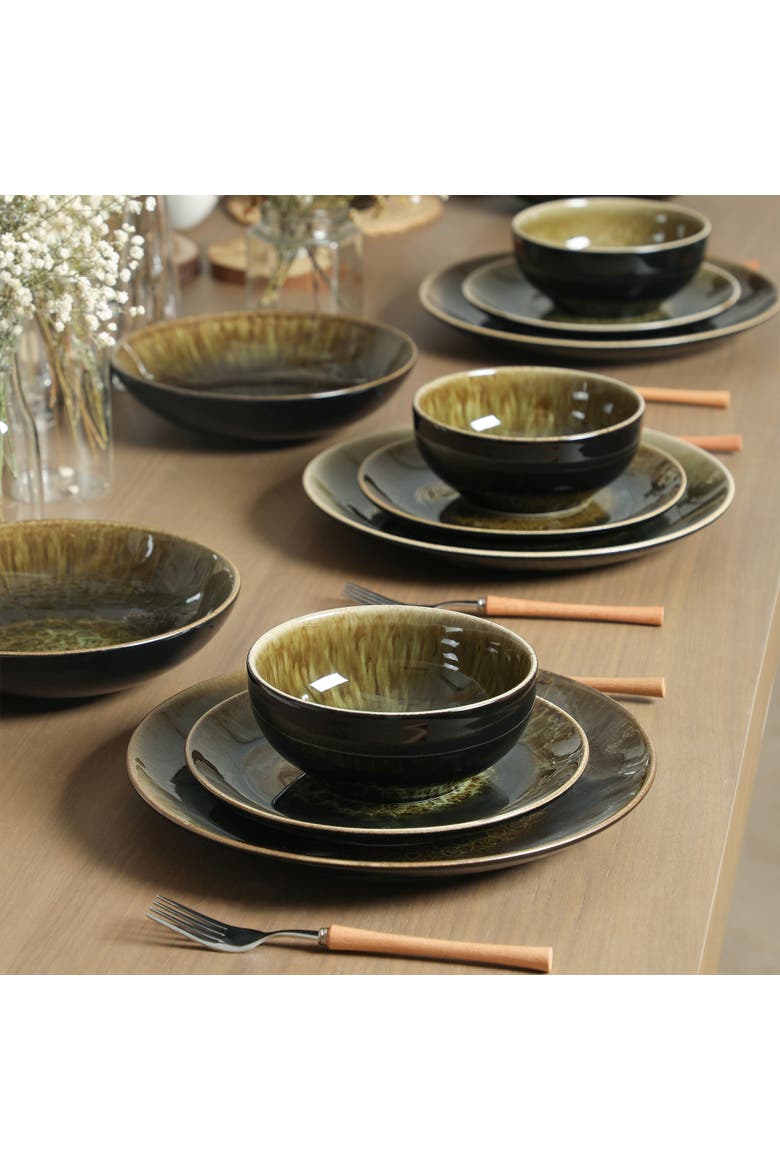Riley 16-Piece Dinnerware Set Stoneware, Service for 4, Alternate, color, Black and Green