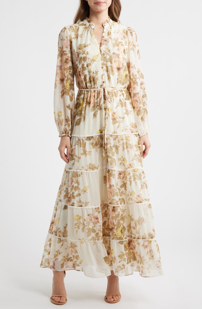 CeCe Floral Long Sleeve Tiered Maxi Dress, Main, color, Twill