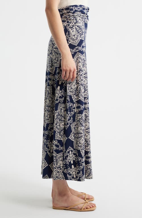 Loveappella Roll Top Print Maxi Skirt In Blue
