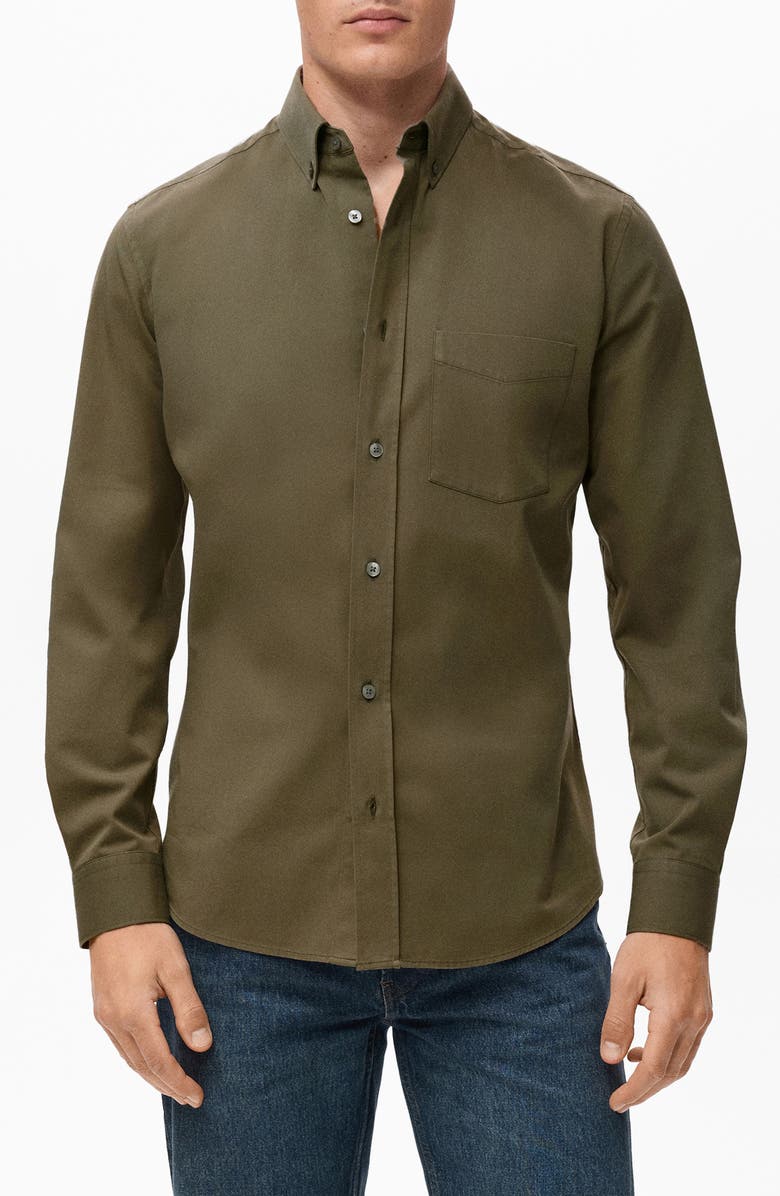 MANGO Regular Fit Button Down Shirt, Main, color, Medium Brown