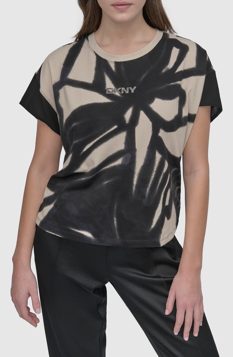 DKNY Print Cotton Blend Top, Main, color, Floral Black