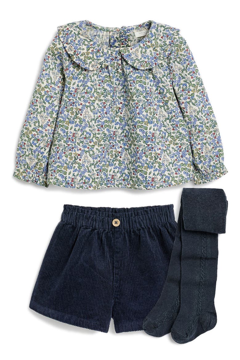 Kids' Floral Cotton Shirt, Corduroy Shorts & Tights Set, Main, color, BLUE