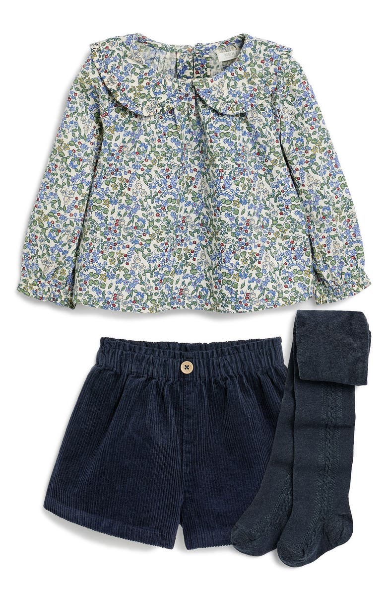 NEXT Kids' Floral Cotton Shirt, Corduroy Shorts & Tights Set, Main, color,