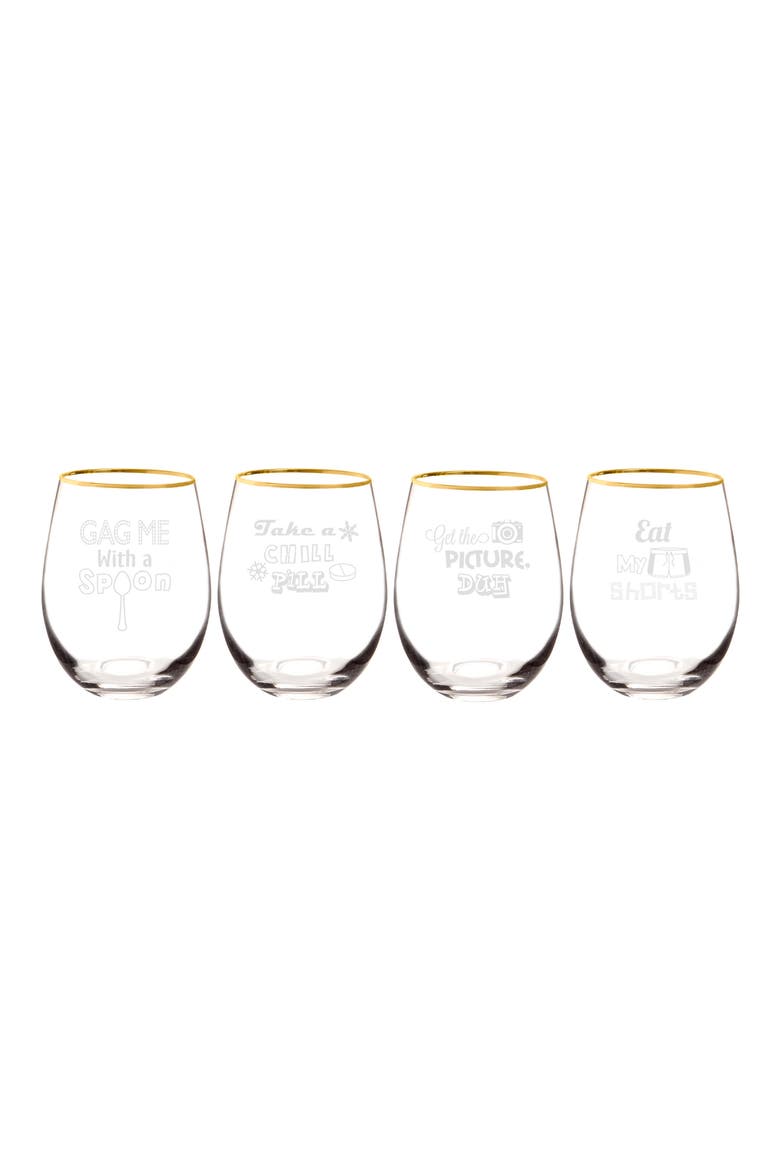 90's Sayings Set of 4 Etched Stemless Wine Glasses, Main, color, GOLD