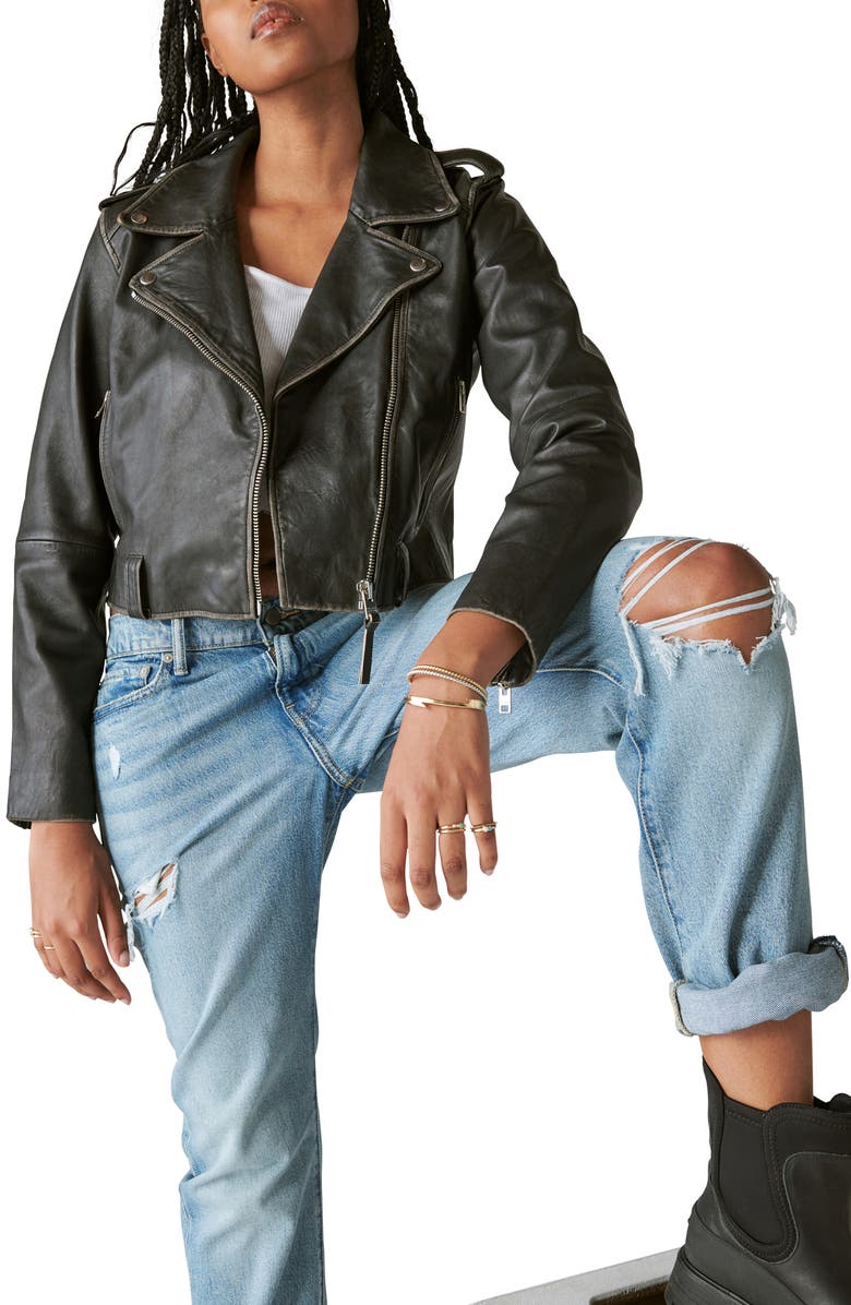 Lucky Brand Distressed Crop Leather Moto Jacket, Alternate, color, 