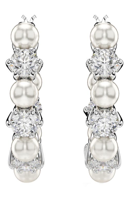 Swarovski Matrix Crystal & Imitation Pearl Small Hoop Earrings In White