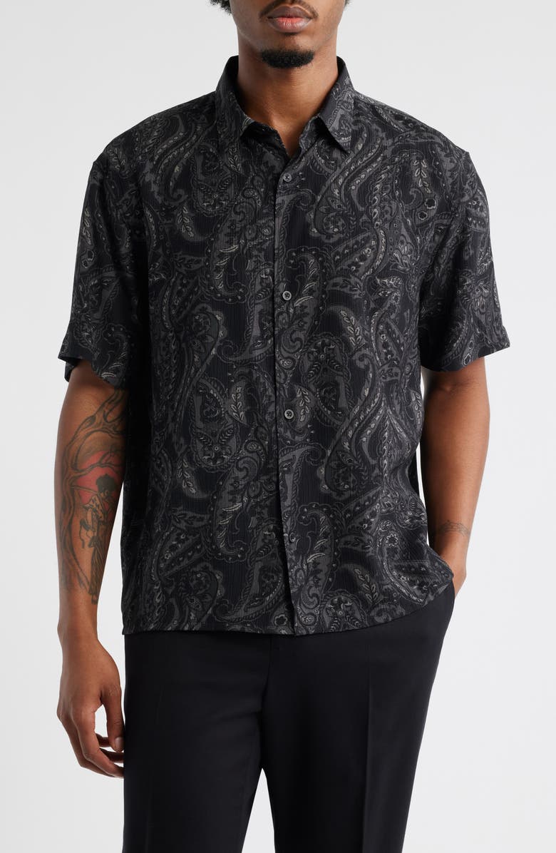 Open Edit Paisley Short Sleeve Button-Up Shirt, Main, color, Black Ornate Paisley