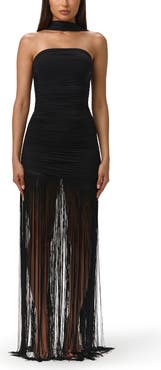 Naked Wardrobe Fringe Hem Ruched Strapless Dress