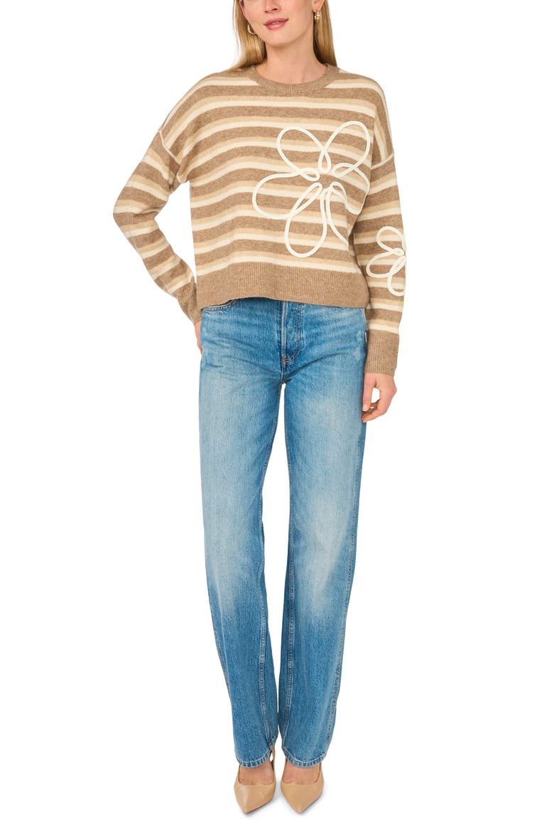 Embroidered Stripe Crewneck Sweater, Alternate, color, TAUPE
