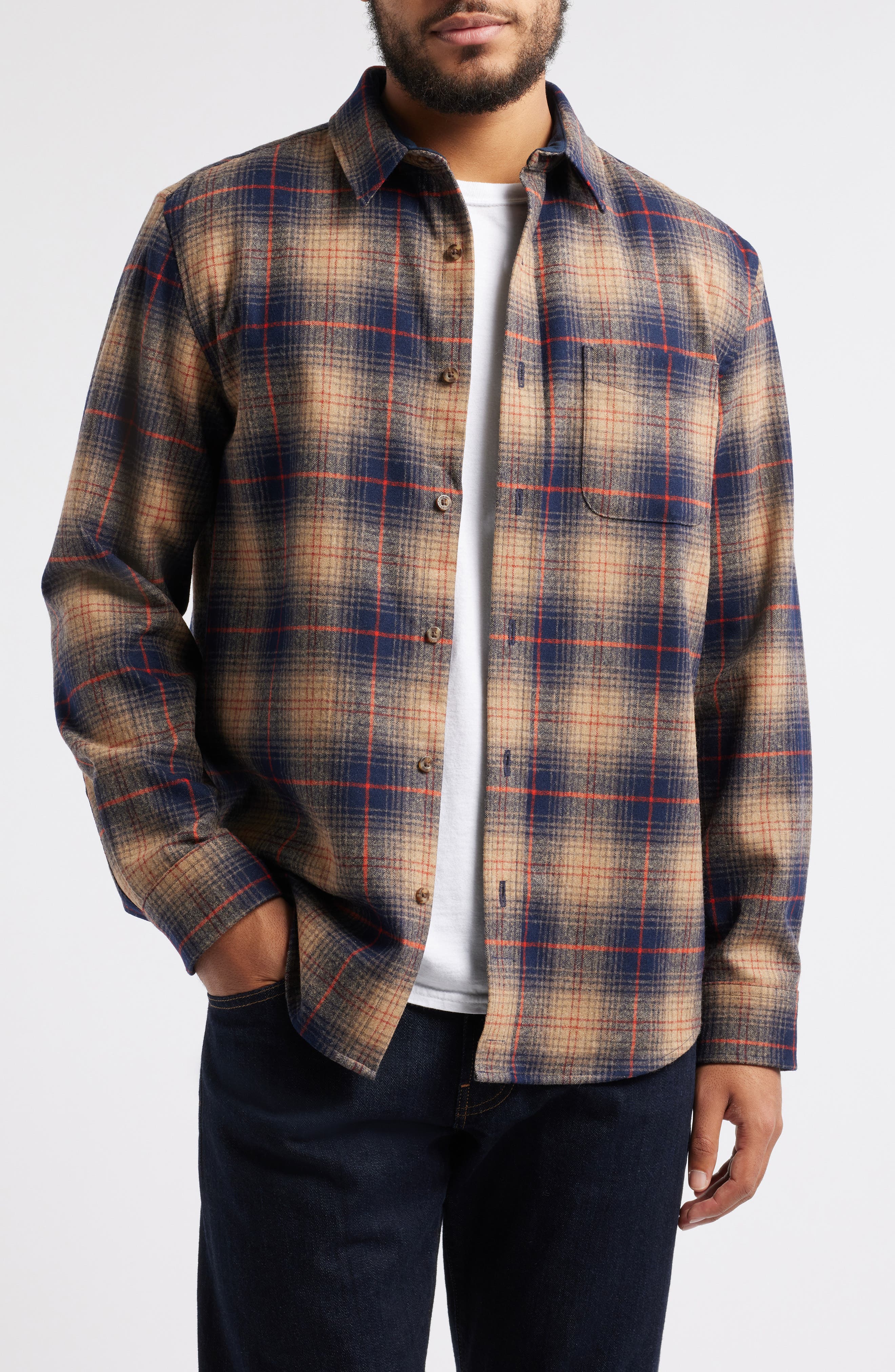 Pendleton Lodge Plaid Button-Up Wool Shirt in Brown/Navy/Red Plaid 