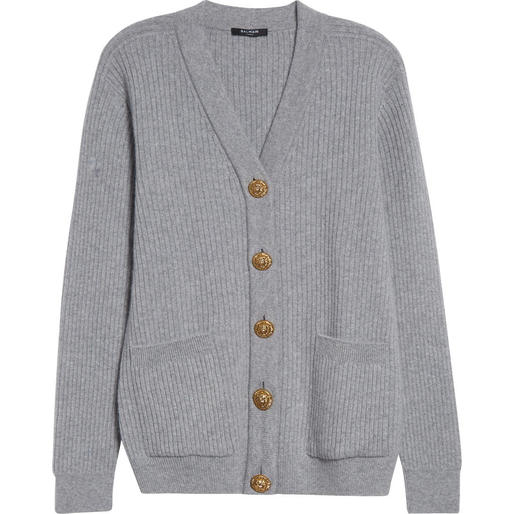 Balmain Button Detail Rib Cashmere & Virgin Wool Cardigan In Gray